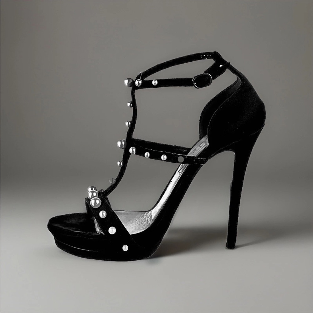 Alexander McQueen Pearls On Black Satin Strappy High Heels Dressy Sandals 38.5